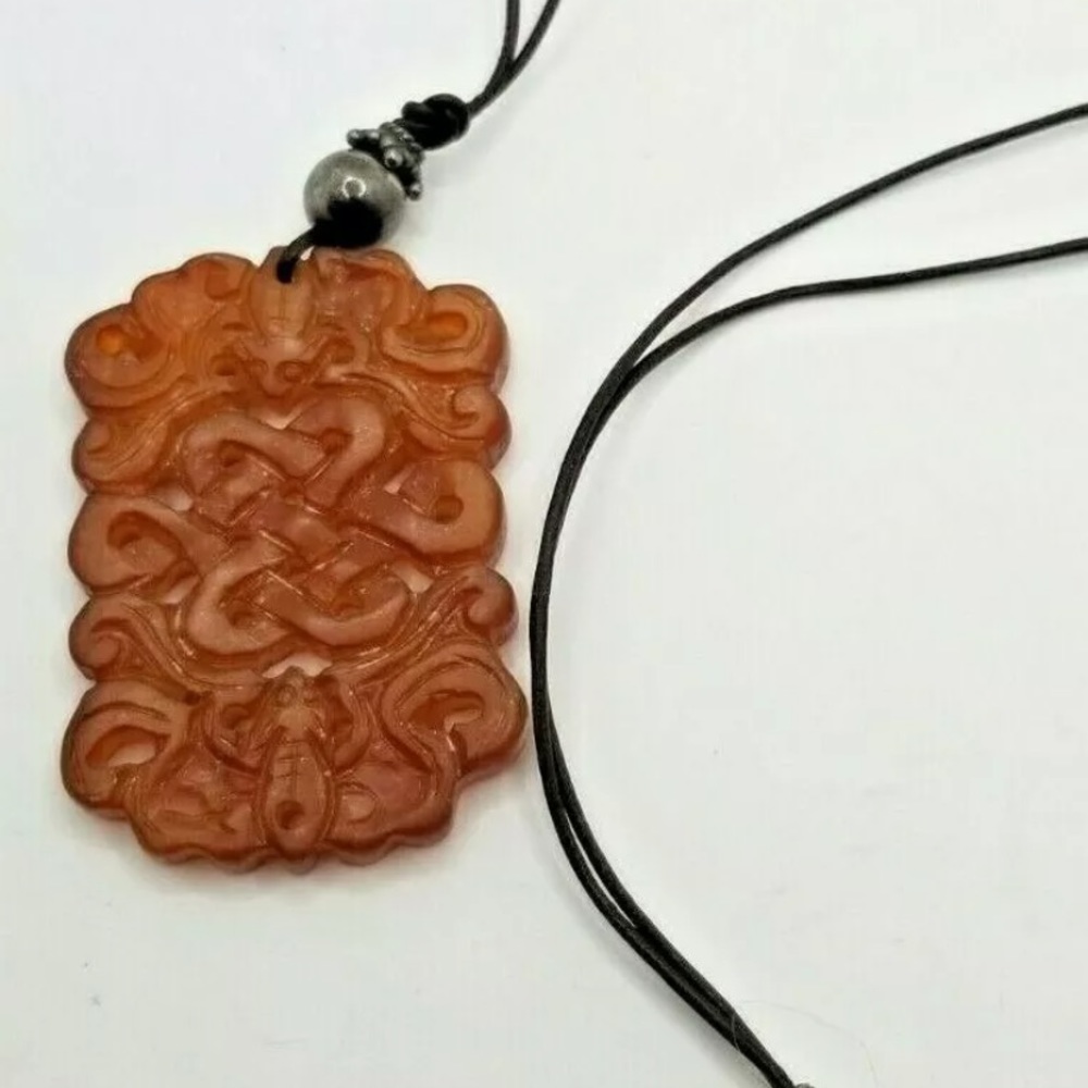 Genuine brown carved jade pendant with beads